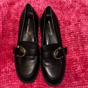 Marc Fisher Black Leather Loafers with Silver Buckle